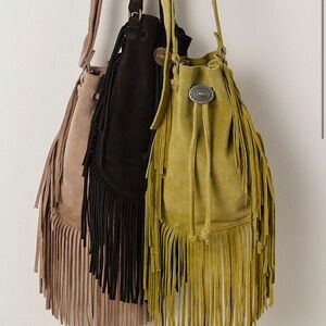 Fringe Suede Bucket Bag - Black, Tan, Olive